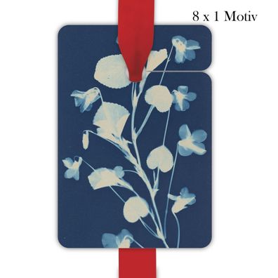 8 Künstler Geschenkanhänger Tags, Format 6,9 x 10cm mit Cyanotypie Blumen - A11399