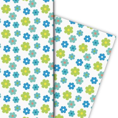 70er Jahre Blüten Geschenkpapier im Retro Design, blau - G8139, 32 x 48cm