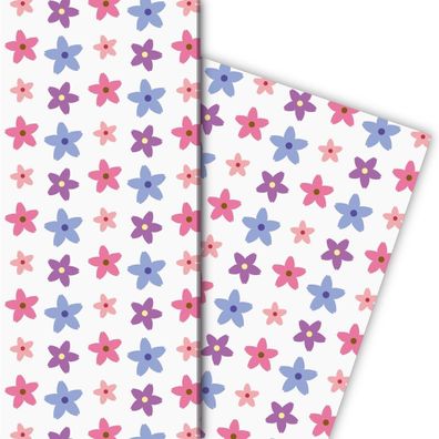 70er Jahre Sternen Blüten Geschenkpapier im Retro Design, lila - G8141, 32 x 48cm