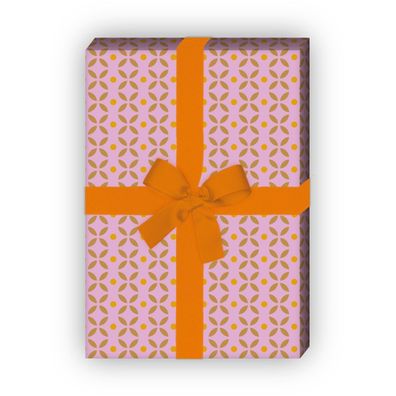 70er Retro Geschenkpapier Set mit grafischen Vintage Blüten, rosa - G8382, 32 x 48cm