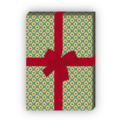 70er Retro Geschenkpapier Set mit kleinem Rauten Muster, beige, - G8375, 32 x 48cm