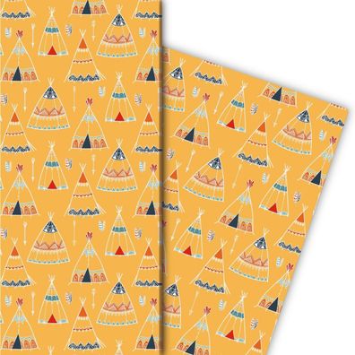 Abenteurer Geschenkpapier mit gemalten Zelten auf gelb - G7645, 32 x 48cm