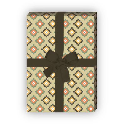 Azteken Geschenkpapier Set, Dekorpapier mit Pixel Rauten, grün, - G8719, 32 x 48cm