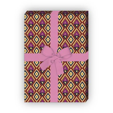 Batik Geschenkpapier Set, Dekorpapier mit gemalten Rhomben, braun - G8711, 32 x 48cm