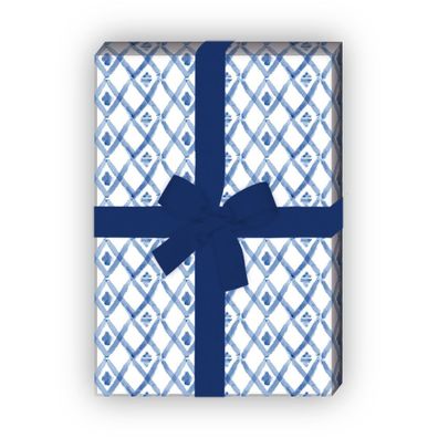 Blaues Geschenkpapier Set mit kleinen Aquarell Rauten - G8399, 32 x 48cm