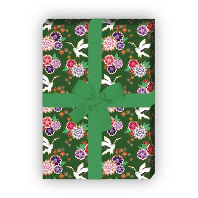 Blüten reiches Geschenkpapier mit Kranichen im asiatischen Stil, grün - G8659, 32 x 4
