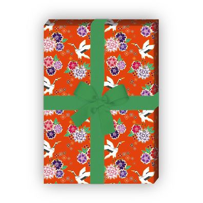 Blüten reiches Geschenkpapier mit Kranichen im asiatischen Stil, orange, - G8660, 32