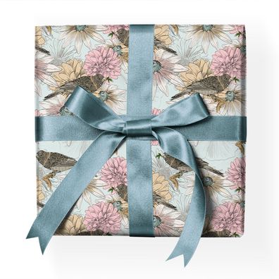Blüten Vogel Geschenkpapier mit illustrierten Blumen und Vögeln, - G23005, 32 x 48cm