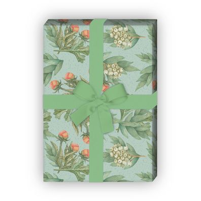 Blumen Geschenkpapier mit Pfingstrosen und Blättern in blaugrün - G6390, 32 x 48cm