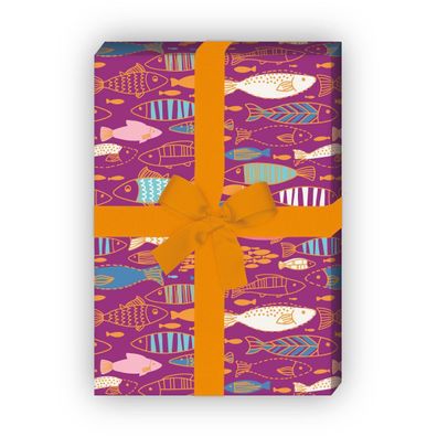 Brombeer farbenes Geschenkpapier mit bunten Doodle Fischen - G12336, 32 x 48cm
