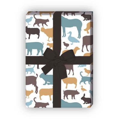 Buntes Bauernhof Geschenkpapier mit vielen Tier Silhouetten, braun - G8101, 32 x 48cm
