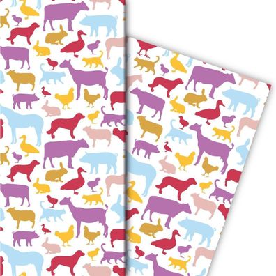 Buntes Bauernhof Geschenkpapier mit vielen Tier Silhouetten, lila - G8102, 32 x 48cm
