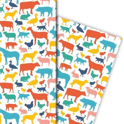 Buntes Bauernhof Geschenkpapier mit vielen Tier Silhouetten, orange - G8100, 32 x 48c