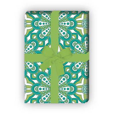 Buntes ethno Geschenkpapier mit Boho Blüten in grün - G7180, 32 x 48cm