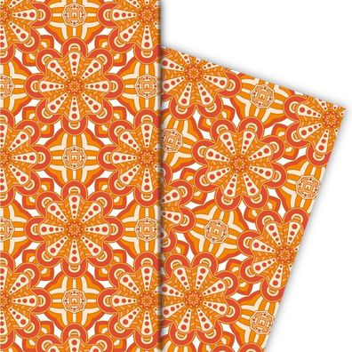 Buntes ethno Geschenkpapier mit Boho Blüten in orange - G7181, 32 x 48cm