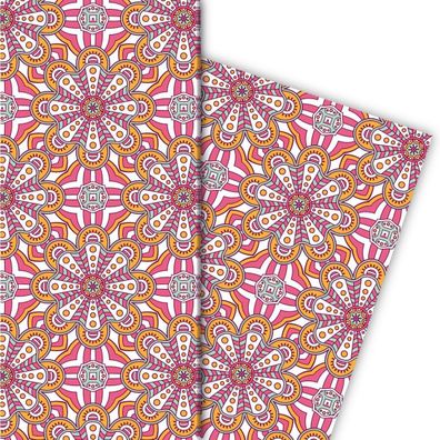 Buntes ethno Geschenkpapier mit Boho Blüten in rosa gelb - G7179, 32 x 48cm