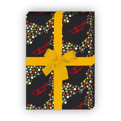 Buntes Geburtstags Geschenkpapier mit Trompeten auf schwarz grau - G7561, 32 x 48cm