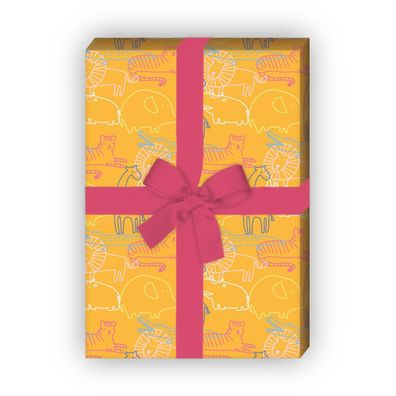 Buntes Kinder Geschenkpapier mit wilden Tieren, gelb - G11894, 32 x 48cm