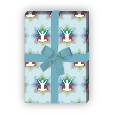 Buntes Yoga Geschenkpapier mit Meditation in Blüte auf hellblau - G7504, 32 x 48cm