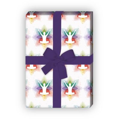 Buntes Yoga Geschenkpapier mit Meditation in Blüte auf weiß - G7502, 32 x 48cm