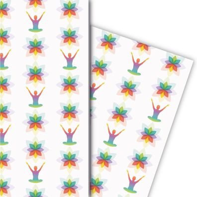 Buntes yoga Meditations Geschenkpapier mit Blüten auf weiß - G7499, 32 x 48cm
