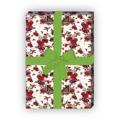 Chinoiserie Geschenkpapier für liebevolle Geschenke mit Blumen auf weiß - G7733, 32 x