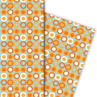 Cooles 70er Jahre Punkte Geschenkpapier mit Kreisen in orange hellblau - G7197, 32 x