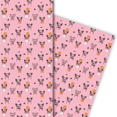 Cooles Bulldoggen Geschenkpapier mit Pfoten und Knochen, rosa - G11899, 32 x 48cm