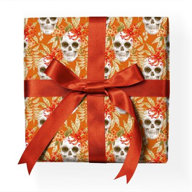 Cooles florales Geschenkpapier mit Totenkopf & Blüten, orange - G23033, 32 x 48cm