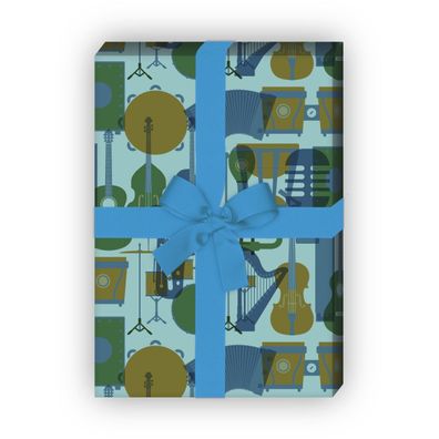 Cooles Geschenkpapier mit Musik Instrumenten auf blau - G7567, 32 x 48cm