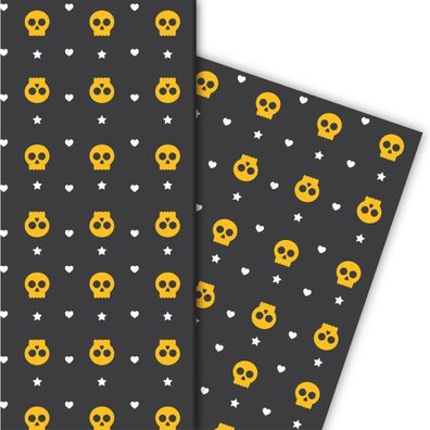 Cooles Halloween Geschenkpapier mit Herz und Knochen auf schwarz - G5206, 32 x 48cm