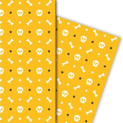 Cooles Halloween Geschenkpapier mit Totenköpfen und Knochen auf gelb - G5205, 32 x 48