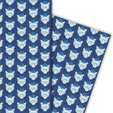 Cooles Katzen Geschenkpapier mit Hippster Krone und Brille in blau - G6347, 32 x 48cm