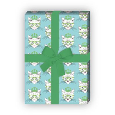 Cooles Katzen Geschenkpapier mit Hippster Krone und Brille in hellblau grün - G6348,