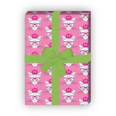 Cooles Katzen Geschenkpapier mit Hippster Krone und Brille in rosa - G6346, 32 x 48cm