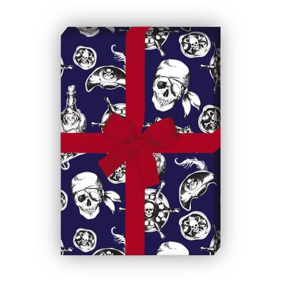 Cooles Piraten Geschenkpapier Set, Dekorpapier mit Totenkopf und Co, blau - G8646, 32