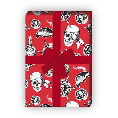 Cooles Piraten Geschenkpapier Set, Dekorpapier mit Totenkopf und Co, rot - G8647, 32