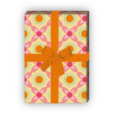Cooles Retro Geschenkpapier mit Blumen und Sonnen im Vintage Design, rosa - G8829, 32