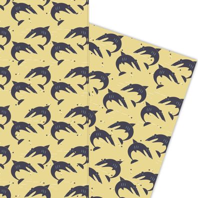 Cooles Retro Geschenkpapier mit Haifischen gelb beige - G5840, 32 x 48cm