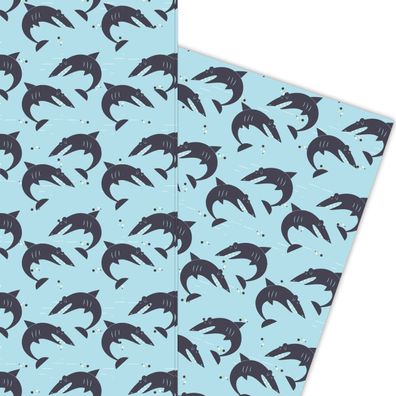Cooles Retro Geschenkpapier mit Haifischen hellblau - G5841, 32 x 48cm
