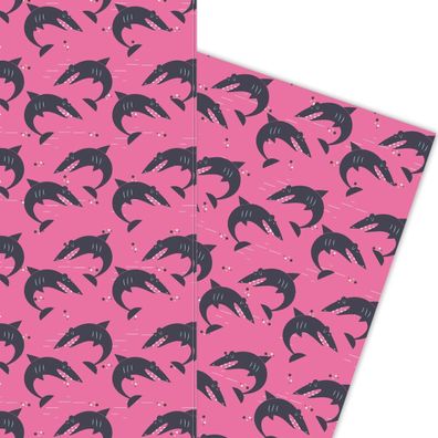Cooles Retro Geschenkpapier mit Haifischen pink - G5839, 32 x 48cm
