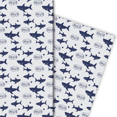 Cooles Shark Geschenkpapier mit Hai Fischen: Hello, blau - G11893, 32 x 48cm