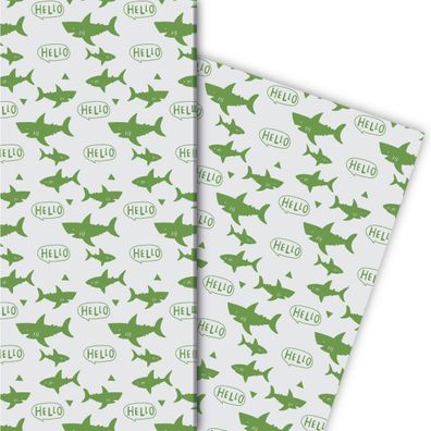 Cooles Shark Geschenkpapier mit Hai Fischen: Hello, grün - G11891, 32 x 48cm
