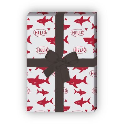 Cooles Shark Geschenkpapier mit Hai Fischen: Hello, rot - G11892, 32 x 48cm