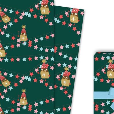 Das Weihnachts Geschenkpapier mit Pinguin und Sternen, grün - G4199, 32 x 48cm