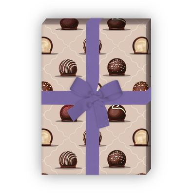 Delikates Geschenkpapier mit Schokoladen Pralinen auf beige rosa - G7616, 32 x 48cm