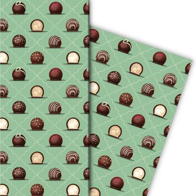 Delikates Geschenkpapier mit Schokoladen Pralinen auf grün - G7615, 32 x 48cm