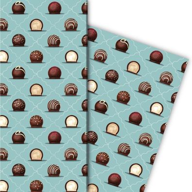 Delikates Geschenkpapier mit Schokoladen Pralinen auf hellblau - G7617, 32 x 48cm