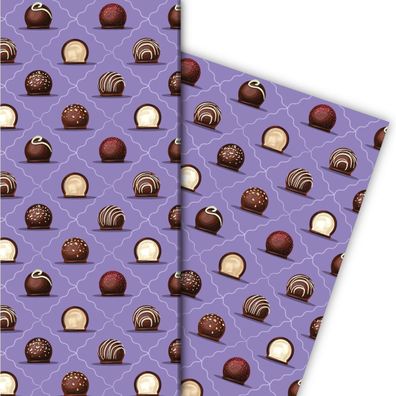 Delikates Geschenkpapier mit Schokoladen Pralinen auf lila - G7619, 32 x 48cm