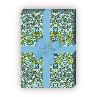 Designer ethno Geschenkpapier im Boho Stil in grün blau - G7182, 32 x 48cm
